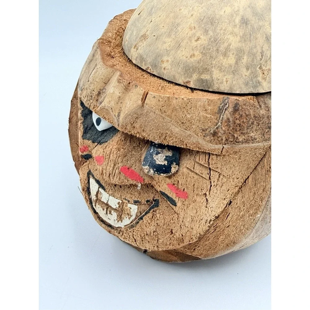 Vintage Carved Coconut Bank Pirate Tiki Bar Decor Philippines Man Cave Folk Art